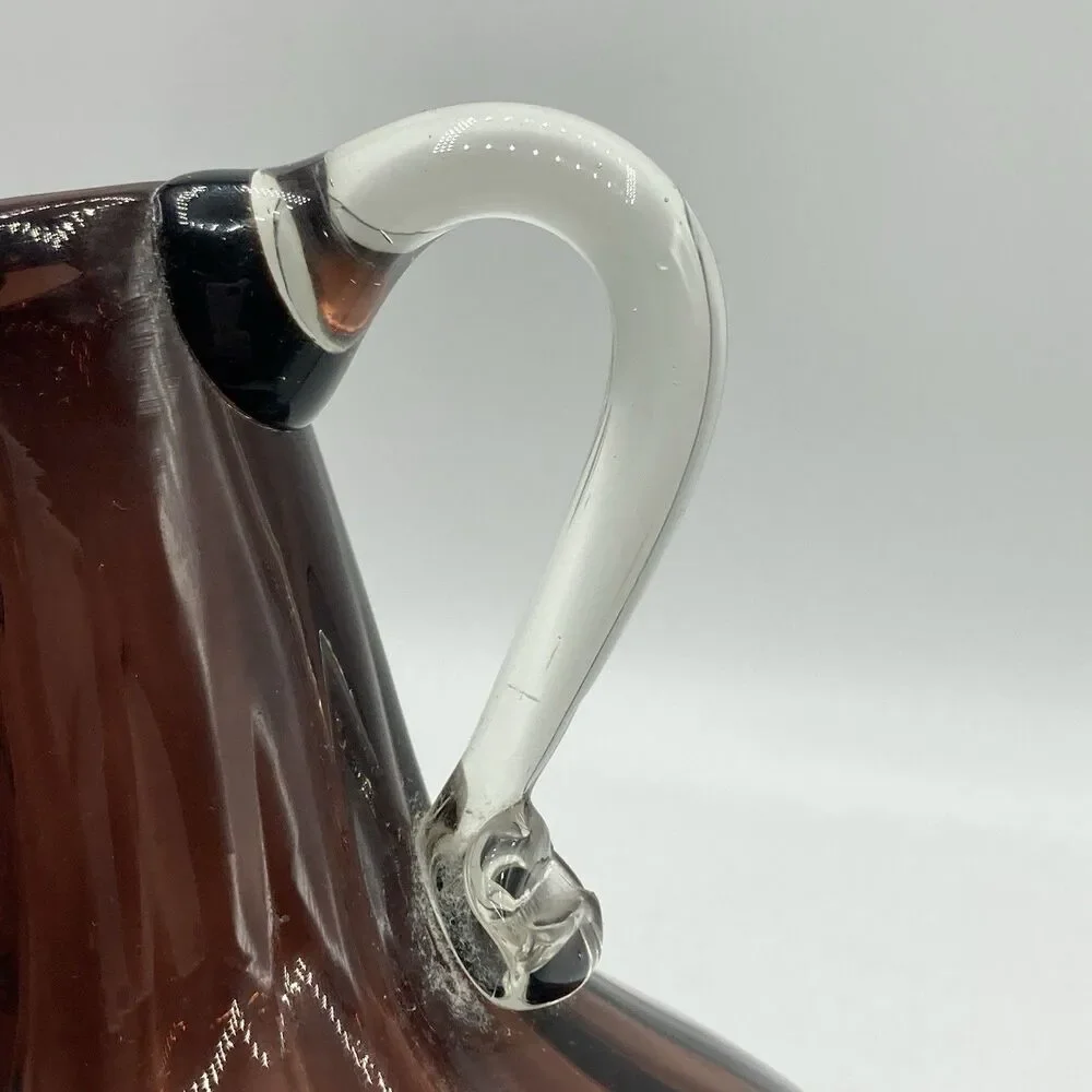 Vtg Handblown Art Glass Amethyst Ribbed Optic Jug Applied Clear Handle 8.75
